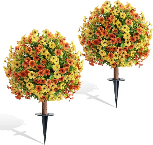 momoplant Árbol de bola artificial de boj con flores de mamá, planta sintética de 24 pulgadas de alto con picos de tierra, juego de 2 arbustos de