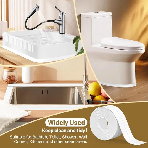 Vista 6 de Cinta de calafateo impermeable autoadhesiva, 2 rollos de cinta de sellado para inodoro, cinta de sellado para tina para cocina, baño, encimera