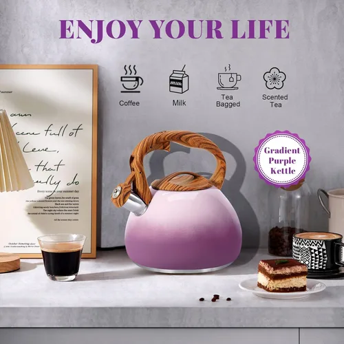 Vista 6 de GGC Tetera para estufa, 3.1QT/3L Hervidor de té silbante para hervir agua, café o leche, tetera púrpura con mango de compañero de madera, tetera
