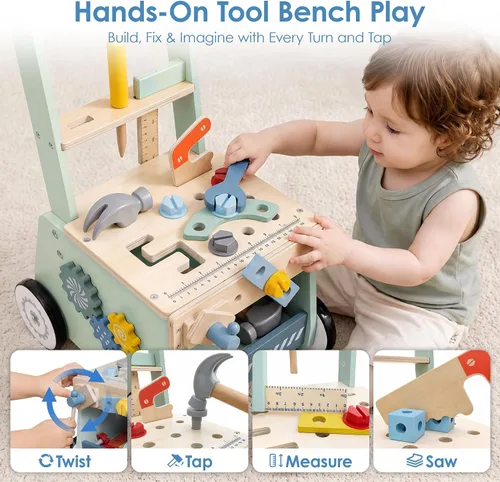 Vista 3 de Andador de madera para bebés y banco de herramientas 2 en 1 con juego de Azul