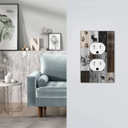 Vista 7 de Cubiertas de pared de lodge rústico retro con diseño de osos, ciervos y animales salvajes. Placas de pared dúplex simples para interruptor de luz.