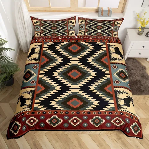 Vista 12 de Funda de edredón rústica tamaño Queen, juego de ropa de cama retro para cabaña de cabaña, oso de caza, ciervo, hojas de arce, funda de edredón