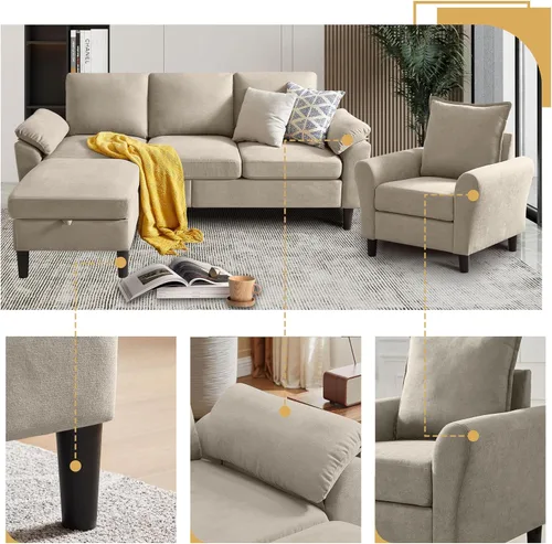 Vista 3 de Juego de sofá modular de 2 piezas para sala de estar, sofá convertible moderno de lino en forma de L de 79 pulgadas con otomana móvil y silla