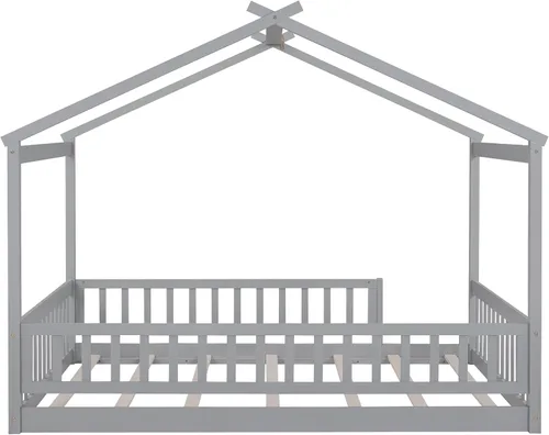 Vista 6 de Harper & Bright Designs Cama Montessori de tamaño matrimonial, cama de piso para niños con barandilla de valla, marcos de cama matrimonial de madera