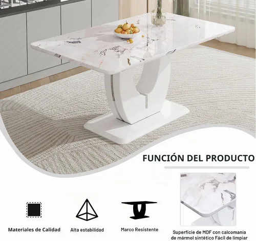 Vista 4 de JUFU Mesa de comedor de mármol sintético de 63 pulgadas para 4-6 personas, moderna mesa rectangular de cocina y comedor, mesa de MDF de aspecto