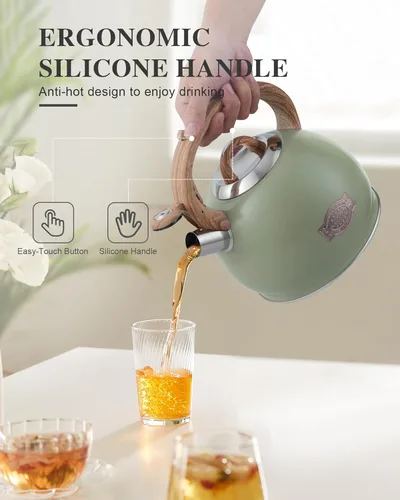 Vista 6 de Hervidor de té, hervidor de té silbante de 2.7 cuartos de galón, tetera con mango de acero inoxidable de grado alimenticio y patrón de madera