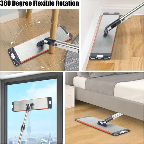 Vista 6 de Juego de trapeador plano y cubeta de microfibra para limpieza de pisos, sistema de trapeador plano y cubo con 8 almohadillas de microfibra