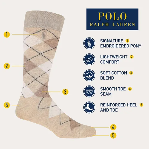 Vista 2 de POLO RALPH LAUREN Paquete de 3 pares de calcetines de vestir Argyle para hombre suave y ligero cómodo de algodón