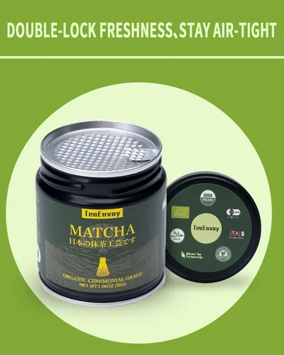 Vista 3 de TEAENVOY Matcha USDA & AIB Certificado Orgánico Té Verde Polvo – Polvo de grado Ceremonial – 100% puro sin azúcar sin aditivos – Lata de 1.06 onzas