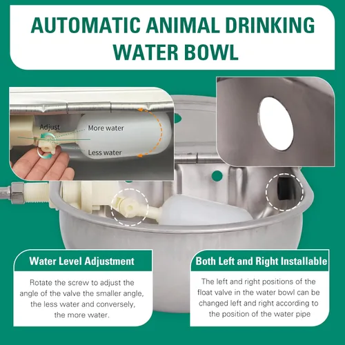 Vista 5 de Cuenco automático de agua potable de vaca, acero inoxidable 304 para caballos, cabra, cerdo, perro, con válvula de flotador de 1/2
