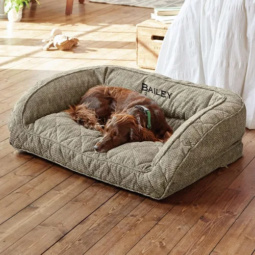 Vista 2 de Orvis ComfortFill-Eco - Cama para perro con cojín rectangular de felpa con cojín de tres lados para inclinarse, caqui jaspeado, extragrande