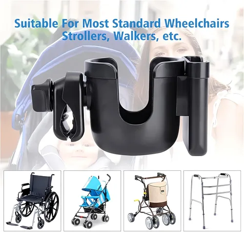 Vista 5 de Portavasos universal para cochecito con estante de almacenamiento para cochecitos de teléfono celular, soporte de bebida de rotación de 360 grados