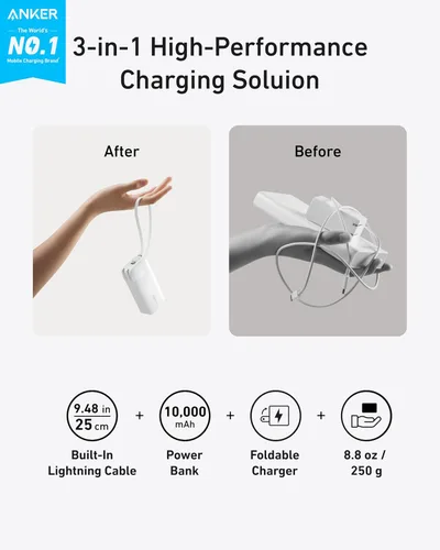 Vista 2 de Anker - Cargador portátil nano 3 en 1 para iPhone, 10 000 mAh, con cable USB-C integrado y enchufe de pared plegable, paquete de batería de 30 W