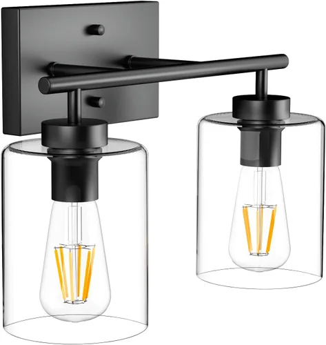 Vista 9 de Aipsun 5 luces negras para tocador sobre espejo con pantallas de vidrio transparente, lámpara industrial de pared para baño (excluye bombilla)