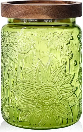 Vista 9 de Tarros de vidrio con tapas de madera herméticas, juego de 4 recipientes de almacenamiento vintage de 24 onzas para cocina, despensa, baño, hermosos