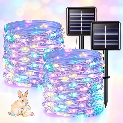 Vista 12 de JMEXSUSS Paquete de 2 luces solares de Navidad impermeables para exteriores, 100 LED de 33 pies, color blanco y multicolor, luces solares de hadas