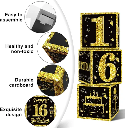 Vista 4 de Eiurteao Cajas de 3 piezas para decoraciones de cumpleaños número 16 para niñas y niños, cajas de globos de cumpleaños número 16 en negro y dorado