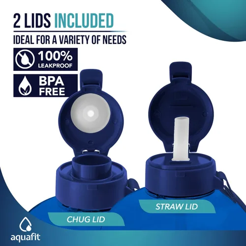 Vista 3 de AQUAFIT Botella de agua de 1 galón con marcador de tiempo, botella de agua de 128 onzas con popote, botella de agua para gimnasio con correa