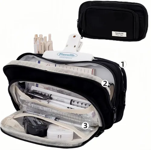 Vista 3 de Estuche para Lápices de Gran Capacidad de 3 Compartimentos, Bolsa Grande para Lápices, Estuche de Lápices, Organizador de Bolígrafos, Bolsa