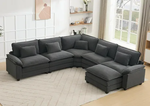 Vista 54 de Juego de sofá seccional modular de gran tamaño, sofá de nube convertible de asiento profundo, sofá esquinero grande en forma de L con cojines Beige