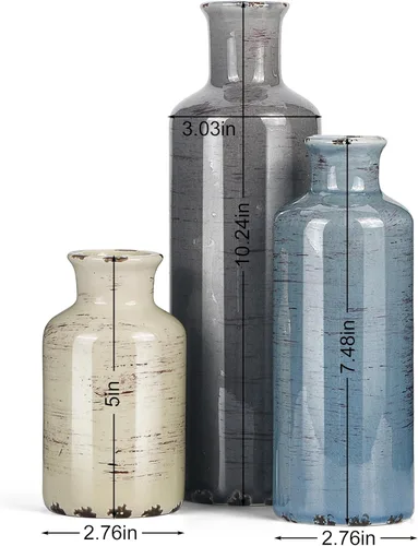 Vista 2 de Juego de 3 jarrones de cerámica, pequeños jarrones para decoración del hogar, estante de mesa rústico de granja, decoración de entrada, jarrón