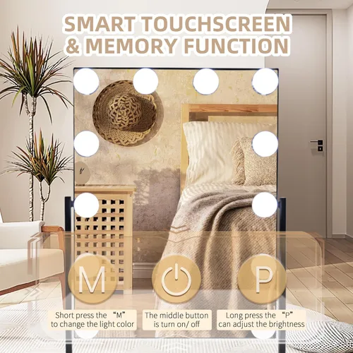 Vista 5 de Espejo de tocador con luces, 12 bombillas LED regulables, espejo Hollywood desmontable, 10 aumentos, control táctil, espejo de maquillaje recargable