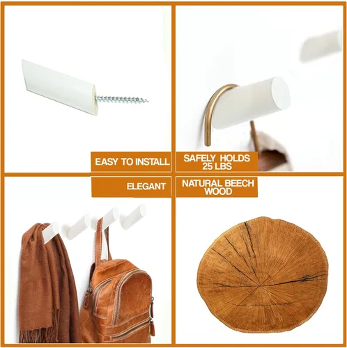 Vista 2 de Ganchos de pared de madera, paquete de 6 Perchas modernas y decorativas de madera blanca montadas en la pared Ganchos para colgar en la parte