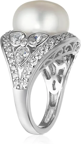 Vista 2 de Tienda Collection Platinum-Plated Sterling Silver Infinite Elements Cubic Zirconia Vintage Freshwater Cultured Pearl Cocktail Ring