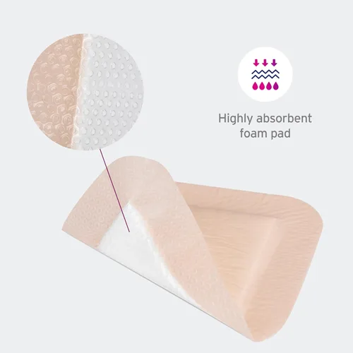 Vista 4 de Rencura® - Apósito de espuma con bordes de silicona, 4 x 4 pulgadas, estéril, transpirable y altamente absorbente, adhesivo suave para pieles