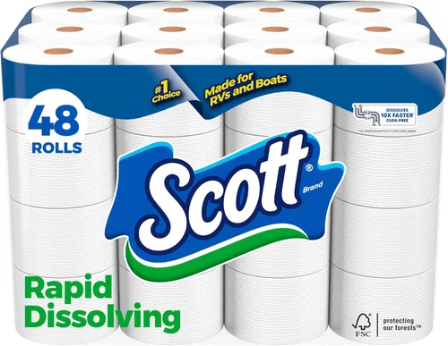 Vista 8 de Papel higiénico de rápida disolución Scott, 12 rollos dobles, seguro para fosas sépticas, papel higiénico