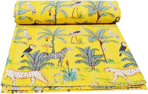 Vista 14 de Colcha de algodón reversible con estampado floral indio Kantha con estampado de animales, tamaño Twin/Queen/King, Vintage Kantha Gudari (King, beige)