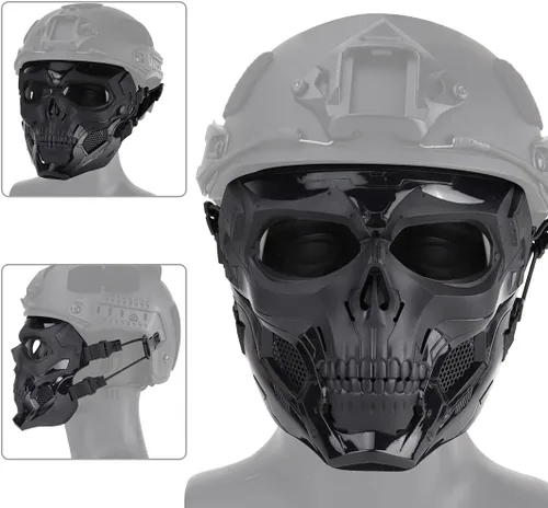 Vista 7 de AOUTACC Máscara de esqueleto Airsoft con gafas de protección de cara completa, máscara táctica ajustable para Halloween, paintball, juego, película