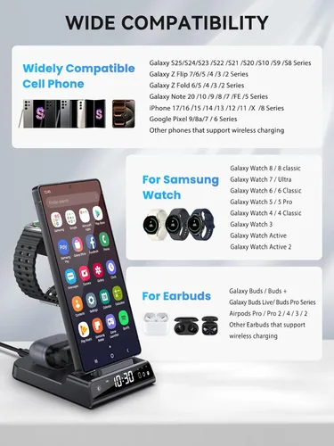 Vista 3 de Cargador inalámbrico para estación de carga Samsung con reloj para Samsung Galaxy S25 Ultra/S24 Ultra/Z Flip 7/Fold 6/Bud, estación de carga Android