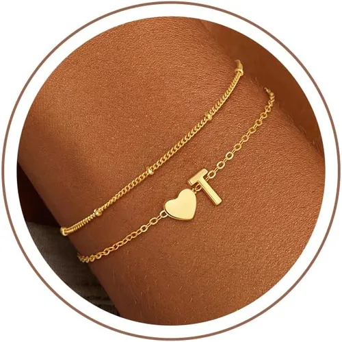 Vista 23 de Pulseras con iniciales de oro para mujeres y niñas, chapado en oro de 18 quilates, pulsera con inicial de corazón para adolescentes, regalos