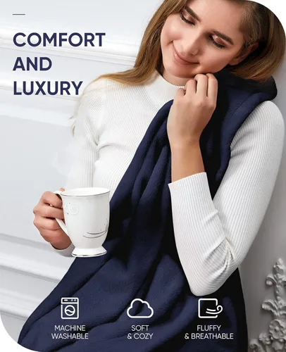 Vista 2 de OhGeni Mantas tamaño Queen, manta de forro polar suave azul marino para cama, acogedoras mantas de franela de felpa ligeras y transpirables, manta