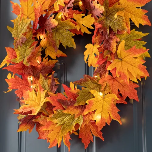 Vista 4 de Glitzhome Corona de hojas de arce preiluminada de 24 pulgadas con temporizador, corona de otoño artificial con luces LED, adorno de otoño