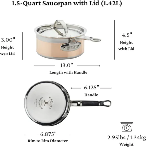 Vista 3 de Hestan - Colección CopperBond - Cacerola de cobre 100% puro, compatible con cocina de inducción, 1.5 cuartos