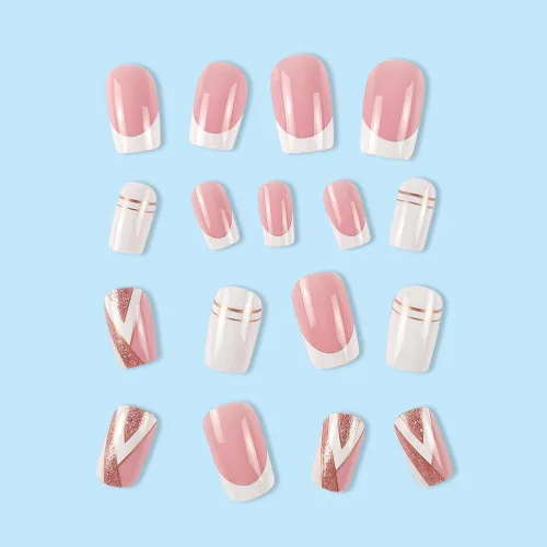 Vista 2 de Uñas postizas a presión de punta francesa, uñas postizas cuadradas cortas, uñas postizas de punta blanca con diseños de lujo rosa brillante