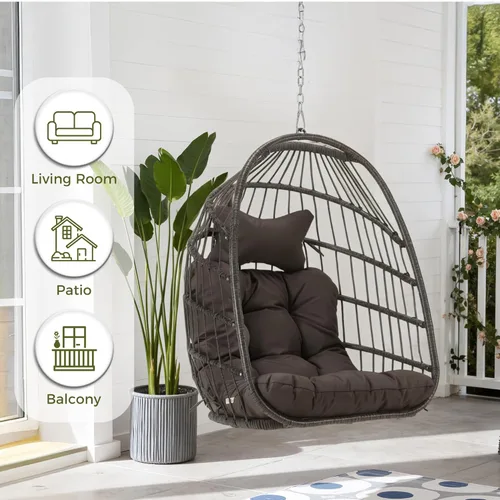 Vista 10 de RADIATA Silla colgante en forma de huevo para todo clima Sin soporte, 350 libras Asiento de hamaca de mimbre resistente para exteriores con cojines