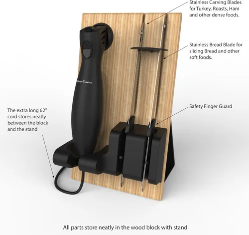 Vista 3 de Juego de cuchillos eléctricos para tallar, 2 cuchillas de acero inoxidable, mango de agarre cómodo y bloque de almacenamiento de madera para rebanar
