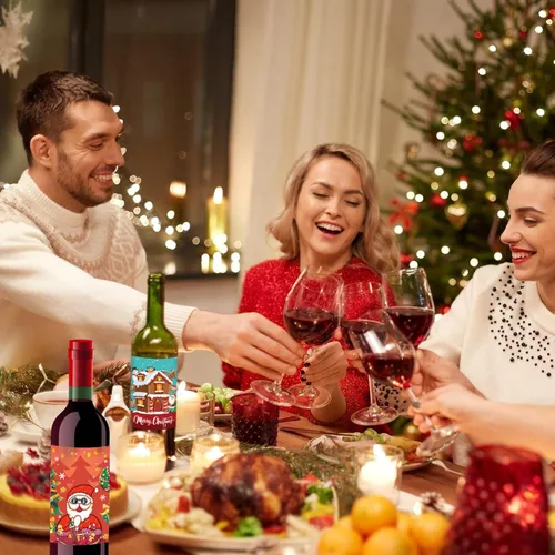 Vista 4 de 45 piezas de etiquetas adhesivas para botellas de vino de Navidad, etiquetas impermeables de 3.5 * 4.5" para botellas, pegatinas divertidas