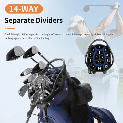 Vista 3 de 14 Way Golf Bags for Men-Premium PU Leather Golf Bag with Stand, Golf Stand Bag with Detachable Dual Strap, Rangefinder Pouch, Full Length Dividers