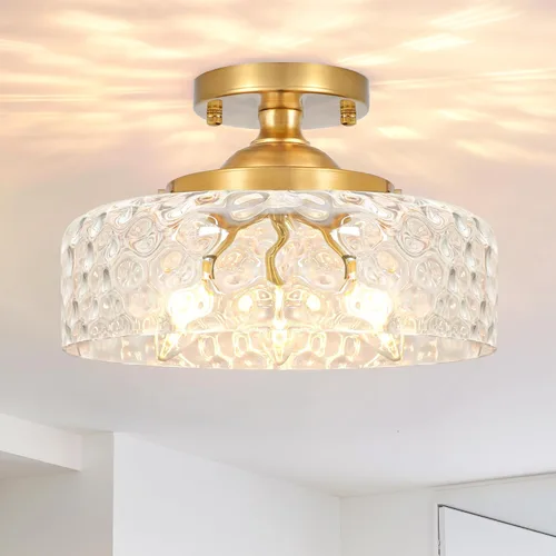Vista 19 de Lámpara de techo semiempotrada dorada, lámpara de techo de latón antiguo con vidrio, lámpara de interior cerca del techo, accesorios de luz