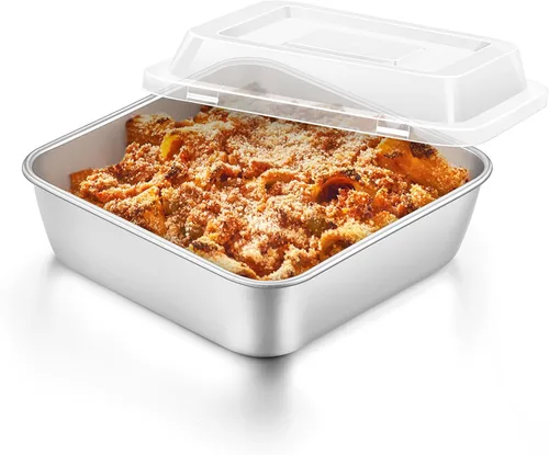 E-far Juego de sartenes para hornear cuadradas de 6 x 6 pulgadas con tapa, bandejas pequeñas de acero inoxidable para pastel y brownie para horno