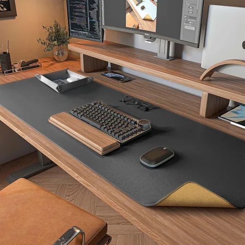 Vista 26 de DAWNTREES - Tapete de escritorio a doble cara, almohadilla de escritorio de cuero, negro 35.5"x17", protector de escritorio de corcho