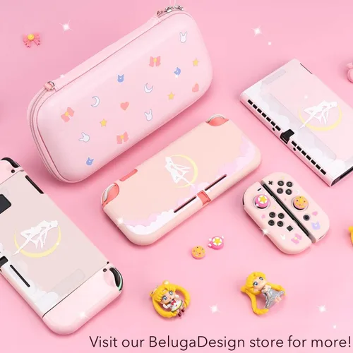 Vista 5 de BelugaDesign Moon Switch Bundle Cute Kawaii Magical Girl Anime Carry Case Snap-On Cover Thumb Grips Compatible with Nintendo Switch Lite