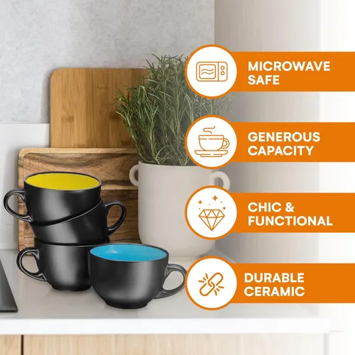 Vista 4 de Juego de 4 tazas de cerámica de 24 onzas, multiusos, para sopa, capuccino, café latte, té, cereales, tazón de postre helado