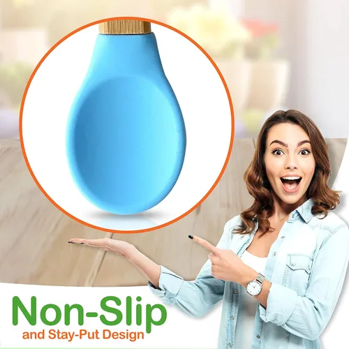 Vista 5 de Nutrichef Juego de 2 cucharas para bebés y niños pequeños, juego de cucharas de madera natural con cabezal de silicona suave y curvado de grado