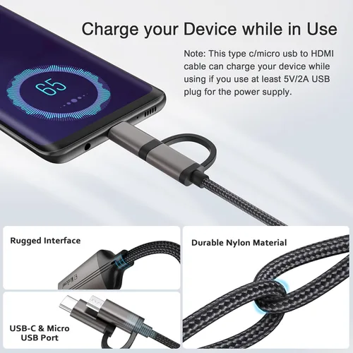 Vista 5 de KAMING Cable HDMI 2 en 1 USB tipo C/Micro USB Android a TV, adaptador MHL a HDMI, 1080P HD HDTV duplicación y cable de carga para la mayoría