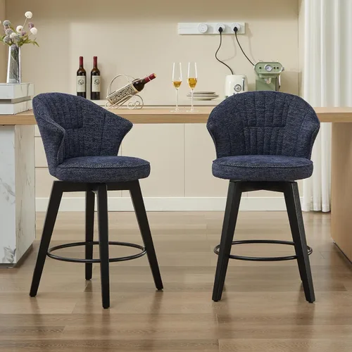 Vista 7 de Wing Back Swivel Bar Stools Set of 2-25in Counter Height Adjustable Dining Chairs with Solid Wood Legs & Chenille Upholstery for Kitchen Island, Blue